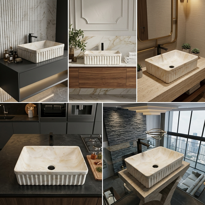Matte ceramic table top wash basin with fluted marble design, 500 × 330 × 150 mm product dimensions