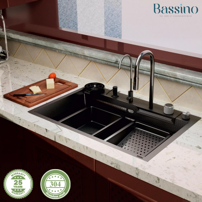 Bassino Premium Smart Kitchen Sink – 304 Stainless Steel | Black PVD Coated | Pull-Out Faucet | Cup Washer | RO Tap | Drainage Knob (30x18x9 Inch)