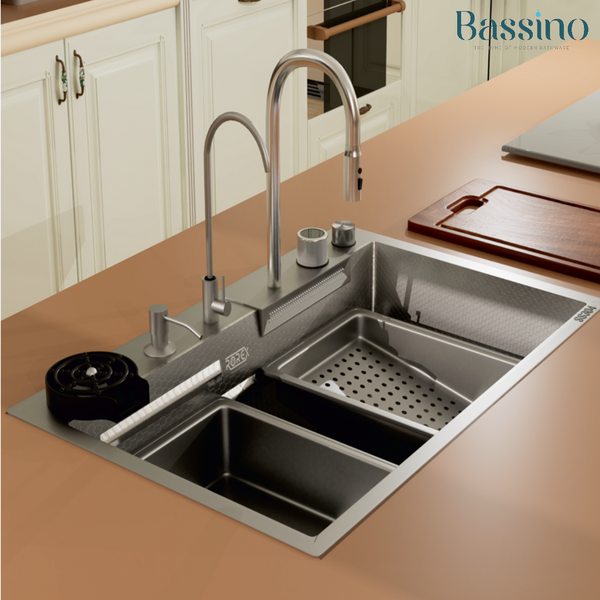 Bassino Premium Smart Kitchen Sink – 304 Stainless Steel | Black PVD Coated | Pull-Out Faucet | Cup Washer | RO Tap | Drainage Knob (30x18x9 Inch) | 25 Years warranty Silver