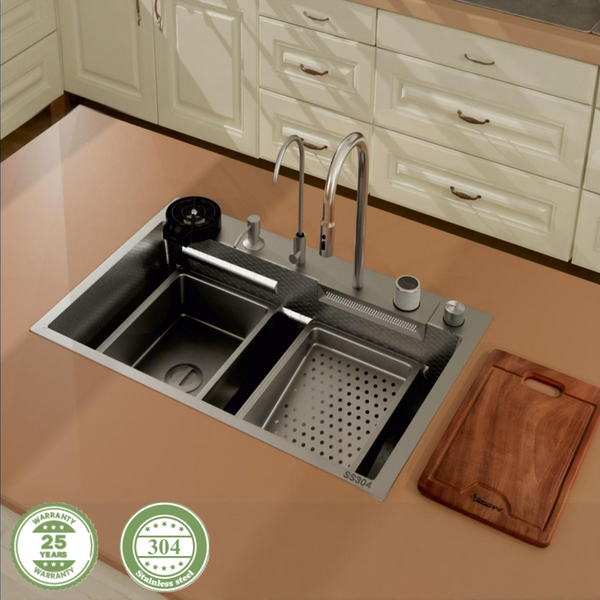Bassino Premium Smart Kitchen Sink – 304 Stainless Steel | Black PVD Coated | Pull-Out Faucet | Cup Washer | RO Tap | Drainage Knob (30x18x9 Inch) | 25 Years warranty Silver