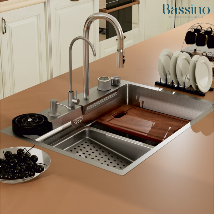Bassino Premium Smart Kitchen Sink – 304 Stainless Steel | Black PVD Coated | Pull-Out Faucet | Cup Washer | RO Tap | Drainage Knob (24x18x9 Inch)