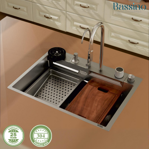 Bassino Premium Smart Kitchen Sink – 304 Stainless Steel | PVD Coated | Pull-Out Faucet | Cup Washer | RO Tap | Drainage Knob (24x18x9 Inch) | | 25 Years warranty | RX-1004/RX-1003 Silver