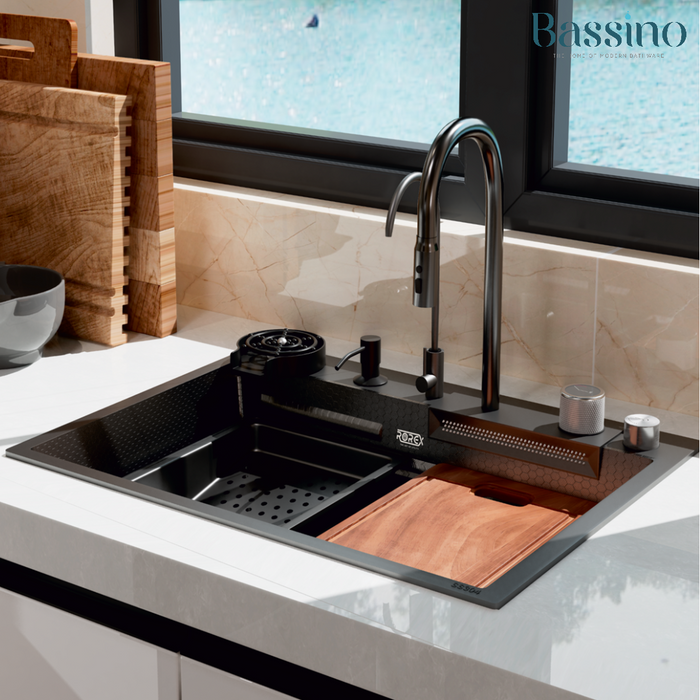 Bassino Premium Smart Kitchen Sink – 304 Stainless Steel | Black PVD Coated | Pull-Out Faucet | Cup Washer | RO Tap | Drainage Knob (24x18x9 Inch)