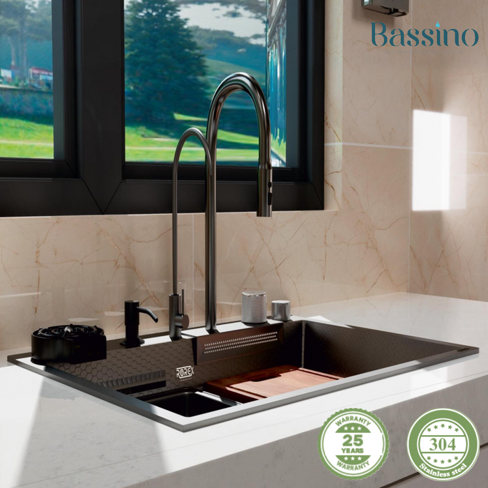 Bassino Premium Smart Kitchen Sink – 304 Stainless Steel | Black PVD Coated | Pull-Out Faucet | Cup Washer | RO Tap | Drainage Knob (24x18x9 Inch)