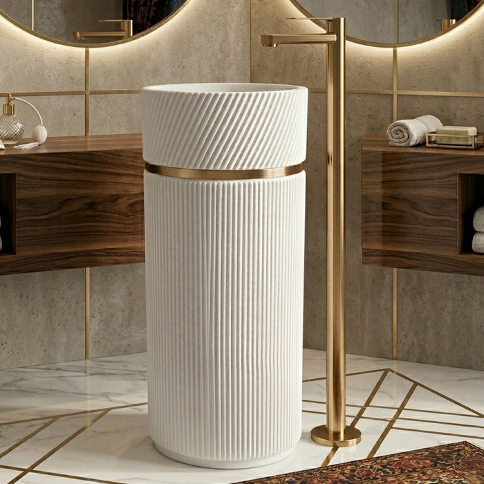 Bassino Designer Pedestal Basin (16 x 16 x 34 Inches) – Fluted White Freestanding Wash Basin with Gold Accent Ring | Modern Floor Standing Sink