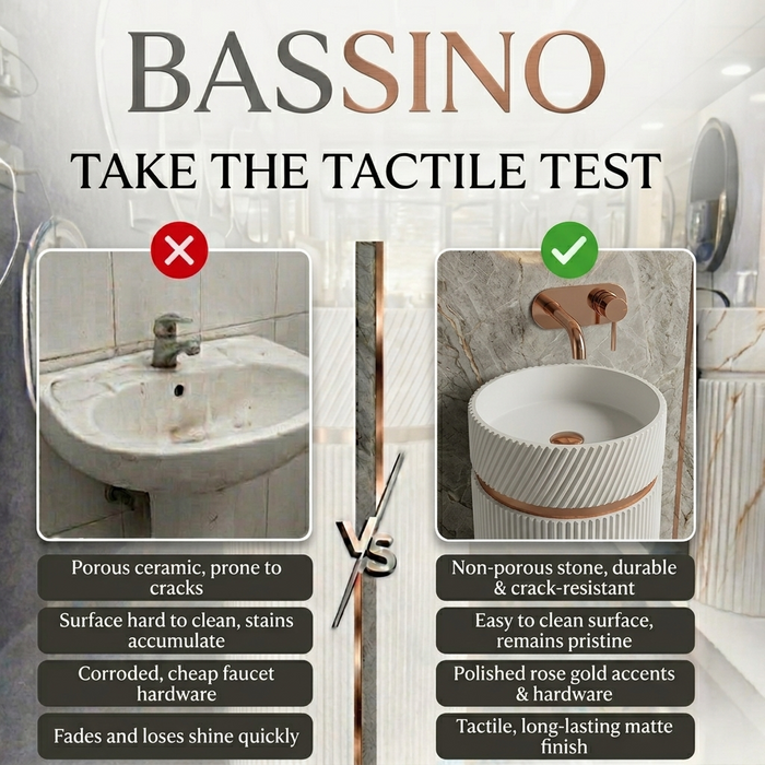 Bassino Designer Pedestal Basin (16 x 16 x 34 Inches) – Fluted White Freestanding Wash Basin with Gold Accent Ring | Modern Floor Standing Sink