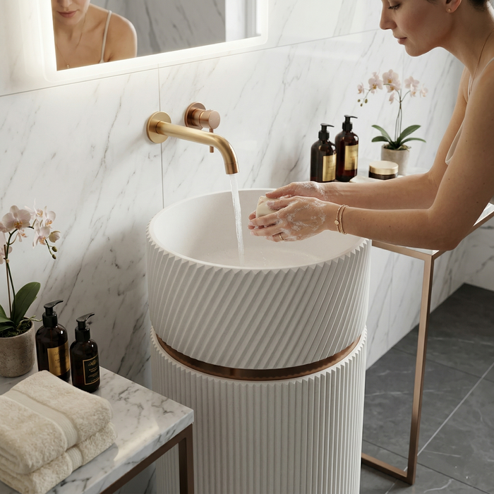 Bassino Designer Pedestal Basin (16 x 16 x 34 Inches) – Fluted White Freestanding Wash Basin with Gold Accent Ring | Modern Floor Standing Sink