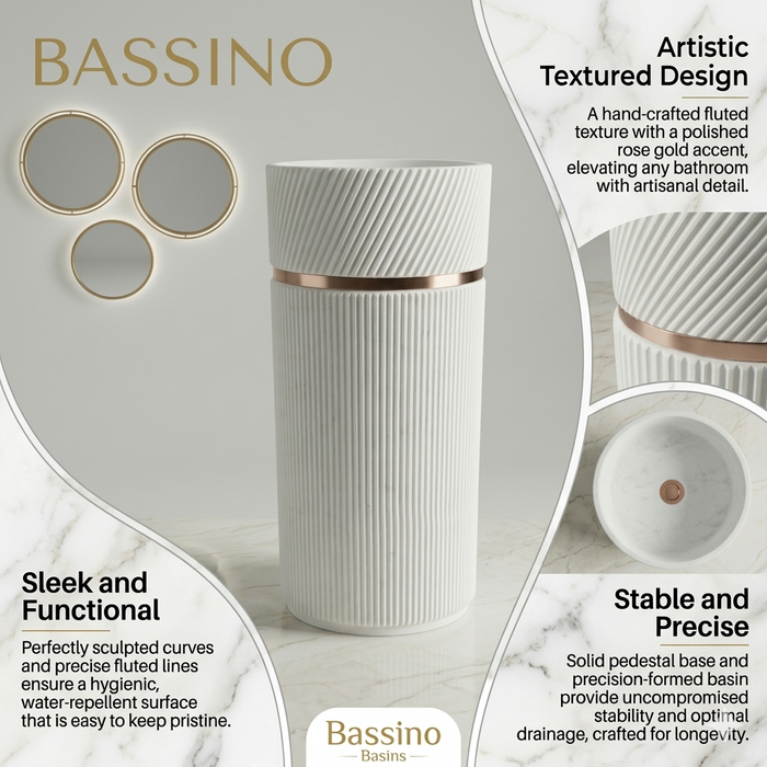 Bassino Designer Pedestal Basin (16 x 16 x 34 Inches) – Fluted White Freestanding Wash Basin with Gold Accent Ring | Modern Floor Standing Sink