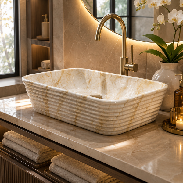 Modern Marble finish Countertop Wash Basin | (20" × 15"× 6" IN) Designer Bathroom Sink Beige