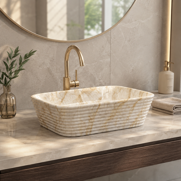 Modern Marble finish Countertop Wash Basin | (20" × 15"× 6" IN) Designer Bathroom Sink Beige