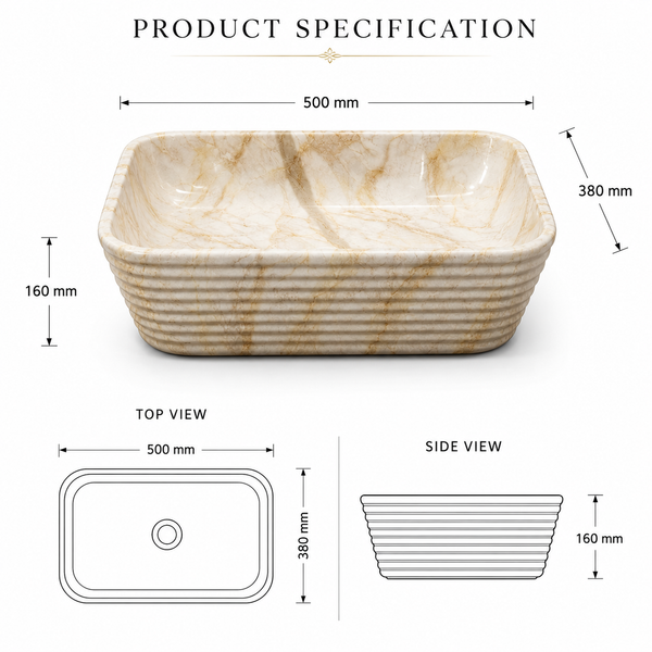 Modern Marble finish Countertop Wash Basin | (20" × 15"× 6" IN) Designer Bathroom Sink Beige