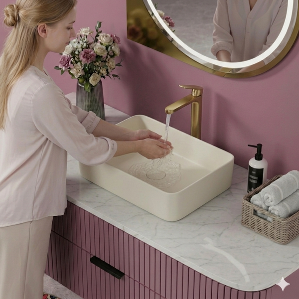 Bassino Modern Melamine Wash Basin | Stylish Countertop Wash Basin for Bathroom–450x325x125 mm Beige