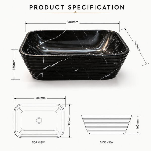 Modern Marble finish Countertop Wash Basin | (20" × 15"× 6" IN) Designer Bathroom Sink Black