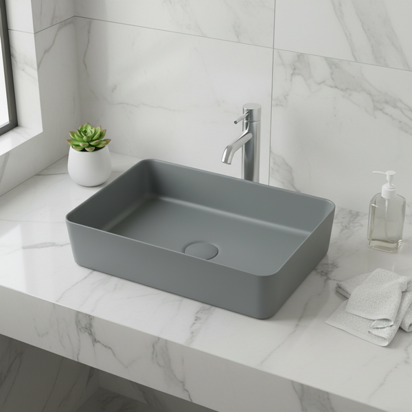 Bassino Modern Melamine Wash Basin | Stylish Countertop Wash Basin for Bathroom–450x325x125 mm Grey