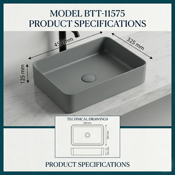 Bassino Modern Melamine Wash Basin | Stylish Countertop Wash Basin for Bathroom–450x325x125 mm Grey