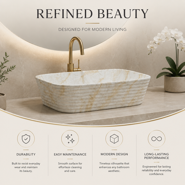 Modern Marble finish Countertop Wash Basin | (20" × 15"× 6" IN) Designer Bathroom Sink Ivory
