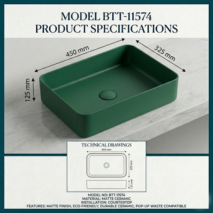 Modern Matt Green Melamine Wash Basin Size 