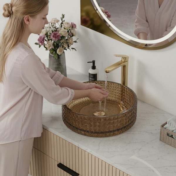 Bassino Modern Transparent Glass Wash Basin | Stylish Countertop Wash Basin for Bathroom–360x360x120 mm Rose gold