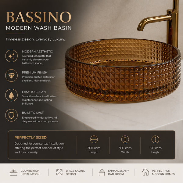 Bassino Modern Transparent Glass Wash Basin | Stylish Countertop Wash Basin for Bathroom–360x360x120 mm Rose gold