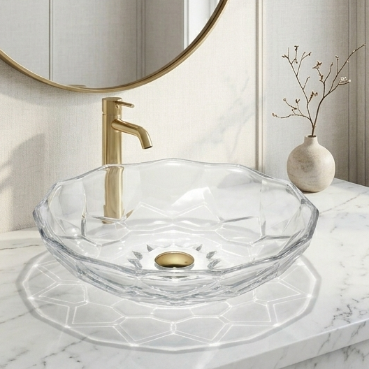 Bassino Modern Transparent Glass Wash Basin | Stylish Countertop Wash Basin for Bathroom–445x445x122 mm Clear