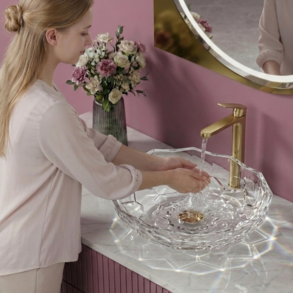 Bassino Modern Transparent Glass Wash Basin | Stylish Countertop Wash Basin for Bathroom–445x445x122 mm Clear