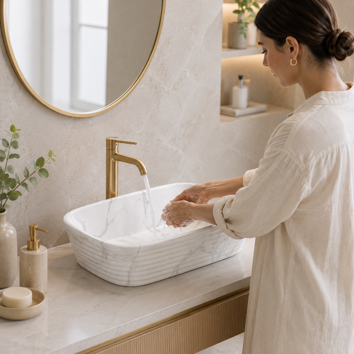 Modern White With Marble finish Countertop Wash Basin 