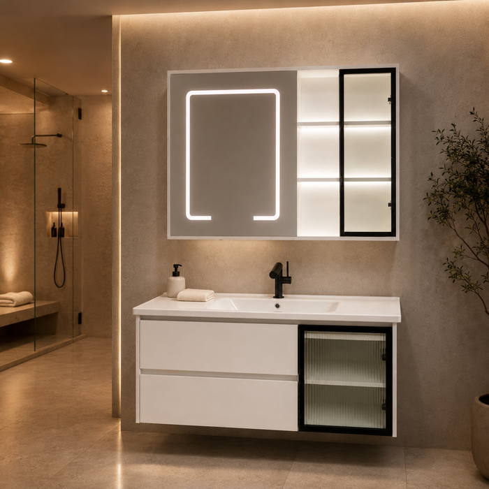 Modern white floating vanity cabinet displayed with open drawers and illuminated upper storage compartments.