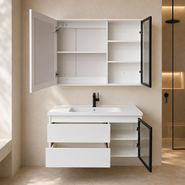 BASSINO Bathroom Vanity Cabinet Set – 40″ Plywood Vanity with Ceramic Basin & 38″ LED Mirror Cabinet
