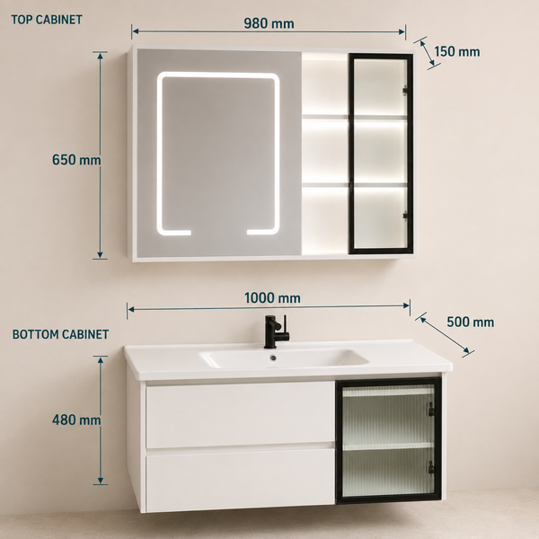 BASSINO Bathroom Vanity Cabinet Set – 40″ Plywood Vanity with Ceramic Basin & 38″ LED Mirror Cabinet