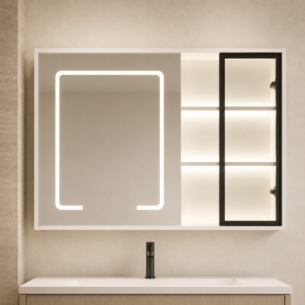 BASSINO Bathroom Vanity Cabinet Set – 40″ Plywood Vanity with Ceramic Basin & 38″ LED Mirror Cabinet