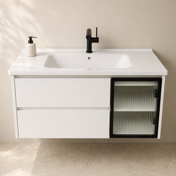 Modern white floating vanity cabinet displayed with open drawers and illuminated upper storage compartments.
