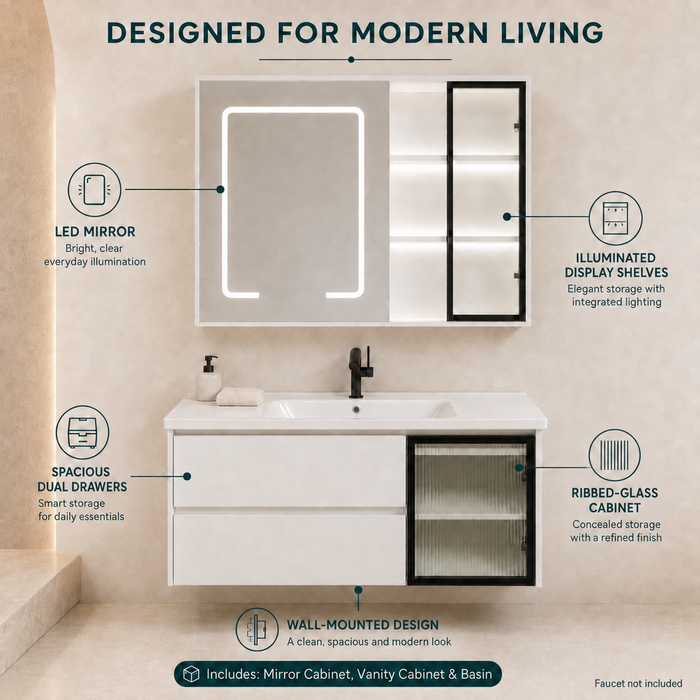 Modern white floating vanity cabinet displayed with open drawers and illuminated upper storage compartments.