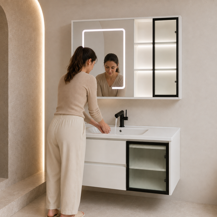 Modern white floating vanity cabinet displayed with open drawers and illuminated upper storage compartments.