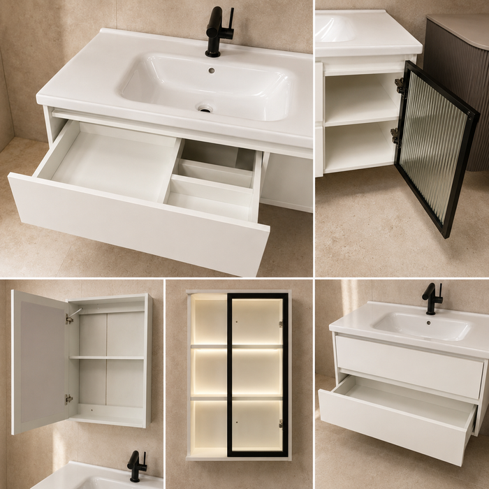 Modern white floating vanity cabinet displayed with open drawers and illuminated upper storage compartments.