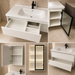 Modern white floating vanity cabinet displayed with open drawers and illuminated upper storage compartments.