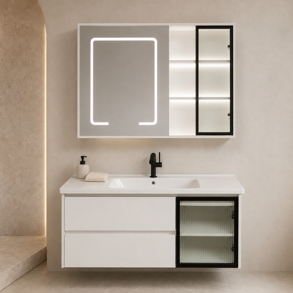 BASSINO Bathroom Vanity Cabinet Set – 40″ Plywood Vanity with Ceramic Basin & 38″ LED Mirror Cabinet