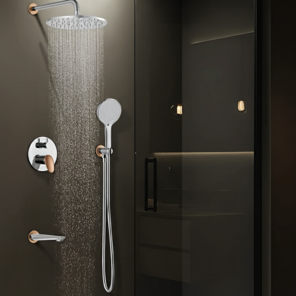 BASSINO Luxury Concealed Shower Set | Overhead Rain Shower with Hand Shower & Spout- 5 Years Warranty Chrome Rose Gold