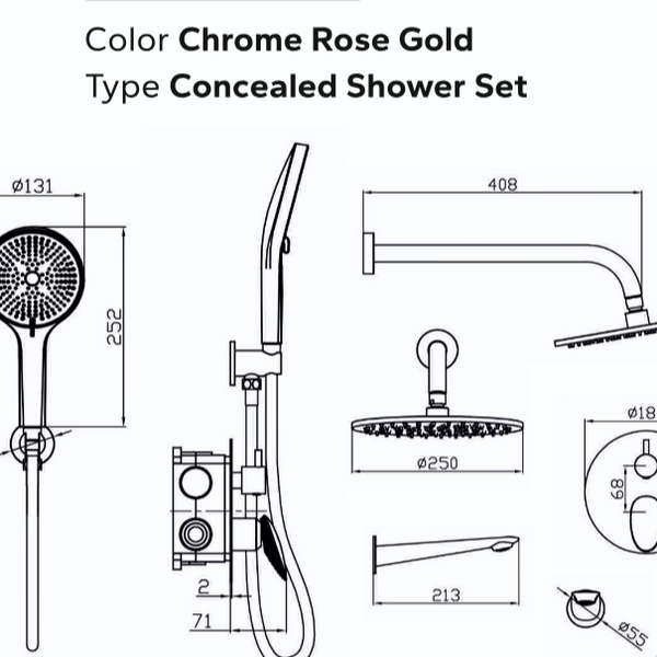 BASSINO Luxury Concealed Shower Set | Overhead Rain Shower with Hand Shower & Spout- 5 Years Warranty Chrome Rose Gold