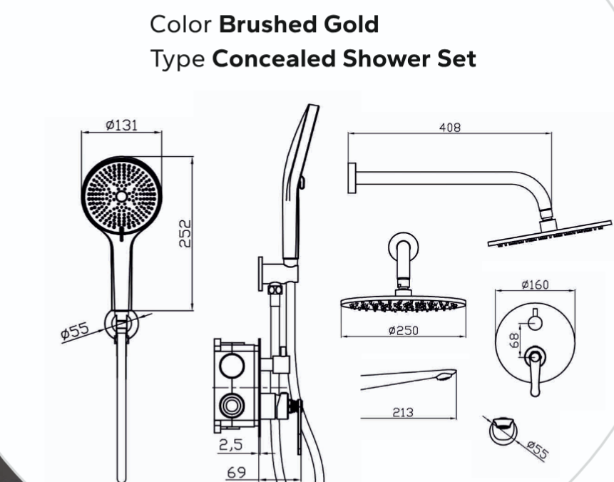 BASSINO Luxury Concealed Shower Set with Rain Shower, Hand Shower & Spout - 5 Years Warranty Brushed Gold