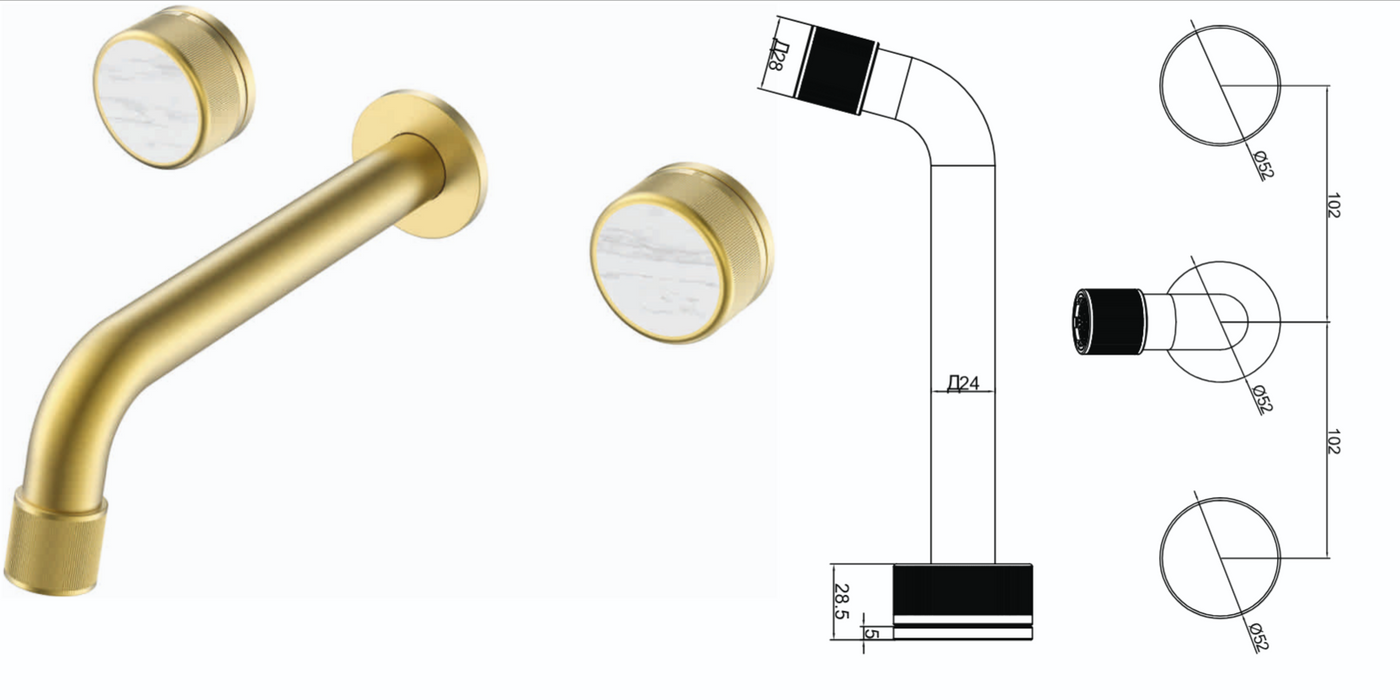 BASSINO Wall Mount Basin Mixer Tap with Dual White Accent Knobs – Brass Body | Premium Bathroom Faucet 5 Years Warranty Brushed Gold