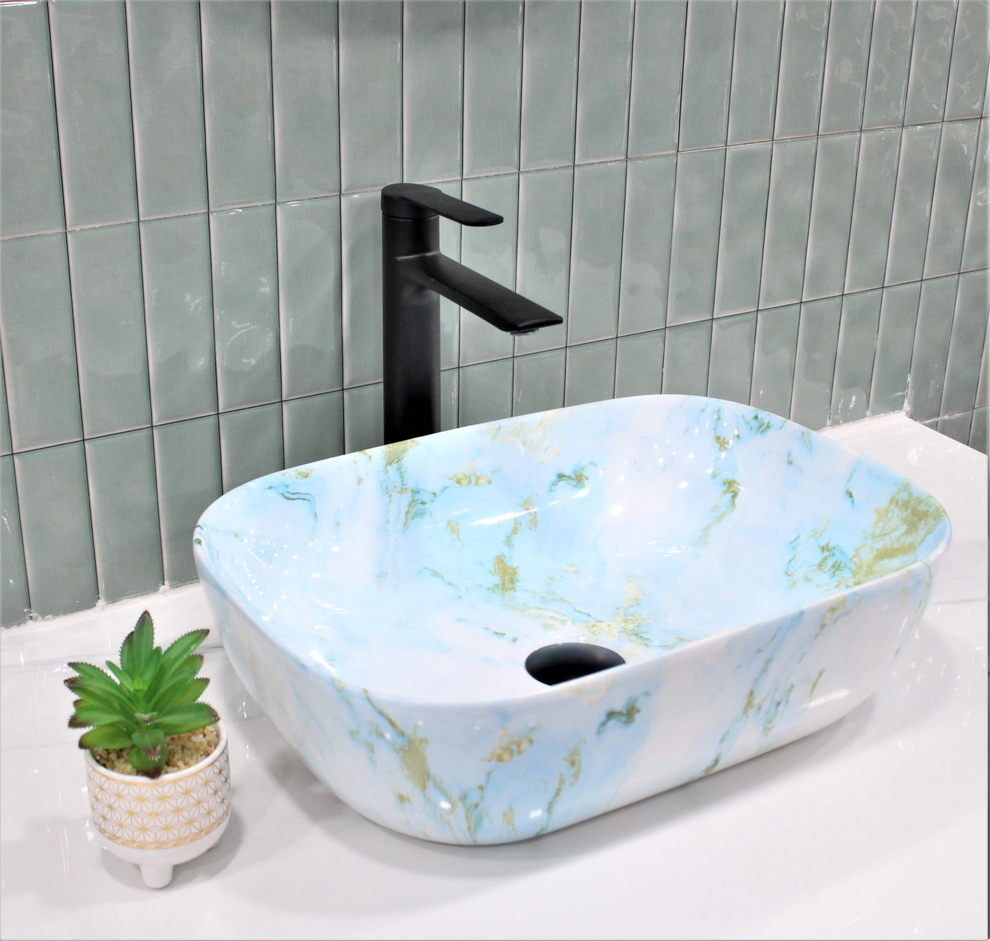 BASSINO Art Wash Basin Countertop, Tabletop Ceramic Bathroom Sink/Basin (Sky Blue) (455x325x135mm)