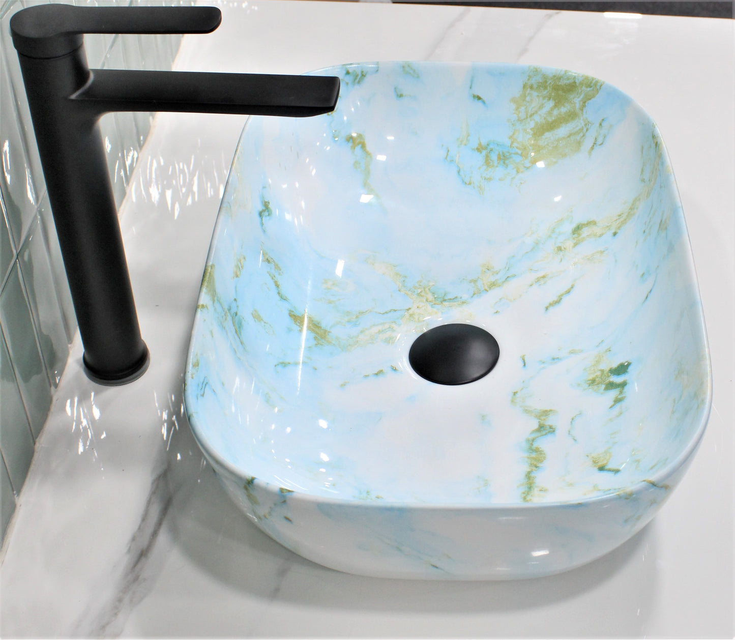 BASSINO Art Wash Basin Countertop, Tabletop Ceramic Bathroom Sink/Basin (Sky Blue) (455x325x135mm)