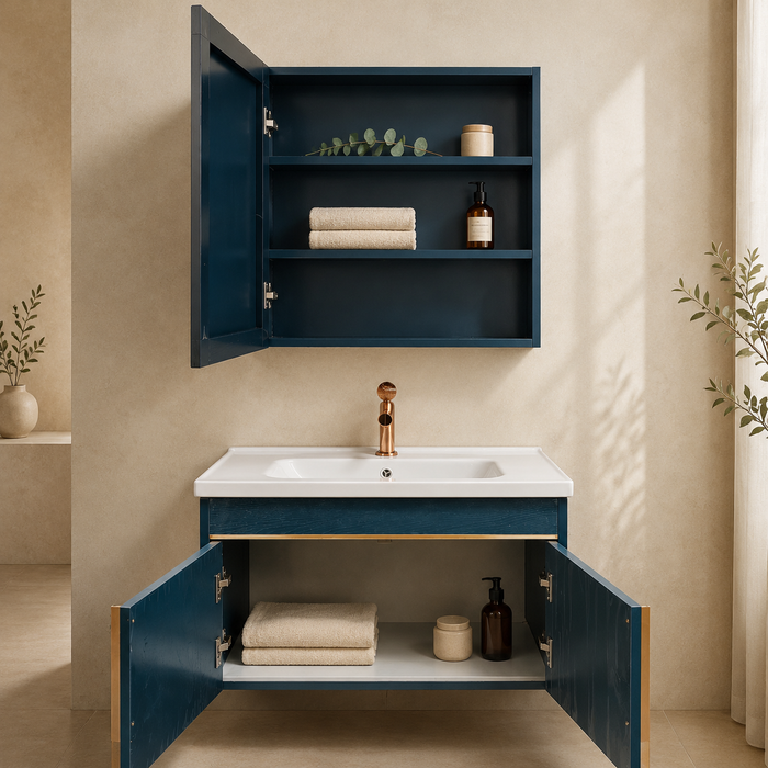 Navy wall-mounted bathroom vanity set with white ceramic basin, rose-gold accents, large mirror and open shelving, shown in lifestyle, storage, feature and dimension views.