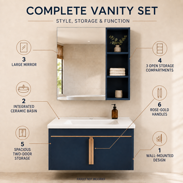 Navy wall-mounted bathroom vanity set with white ceramic basin, rose-gold accents, large mirror and open shelving, shown in lifestyle, storage, feature and dimension views.