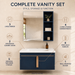 Navy wall-mounted bathroom vanity set with white ceramic basin, rose-gold accents, large mirror and open shelving, shown in lifestyle, storage, feature and dimension views.