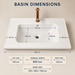 Navy wall-mounted bathroom vanity set with white ceramic basin, rose-gold accents, large mirror and open shelving, shown in lifestyle, storage, feature and dimension views.