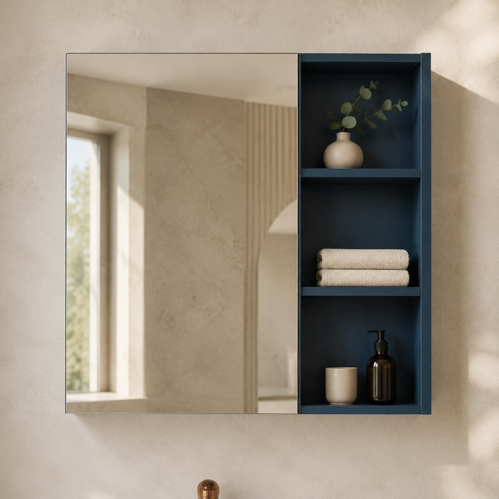 Navy wall-mounted bathroom vanity set with white ceramic basin, rose-gold accents, large mirror and open shelving, shown in lifestyle, storage, feature and dimension views.