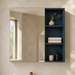 Navy wall-mounted bathroom vanity set with white ceramic basin, rose-gold accents, large mirror and open shelving, shown in lifestyle, storage, feature and dimension views.