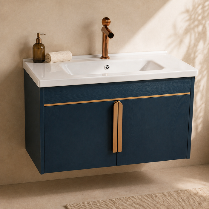 Navy wall-mounted bathroom vanity set with white ceramic basin, rose-gold accents, large mirror and open shelving, shown in lifestyle, storage, feature and dimension views.