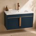 Navy wall-mounted bathroom vanity set with white ceramic basin, rose-gold accents, large mirror and open shelving, shown in lifestyle, storage, feature and dimension views.
